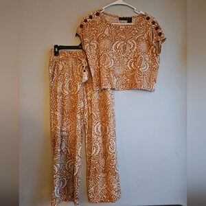 Tahari 100% Linen Orange Paisley Crop Top And Pants Set